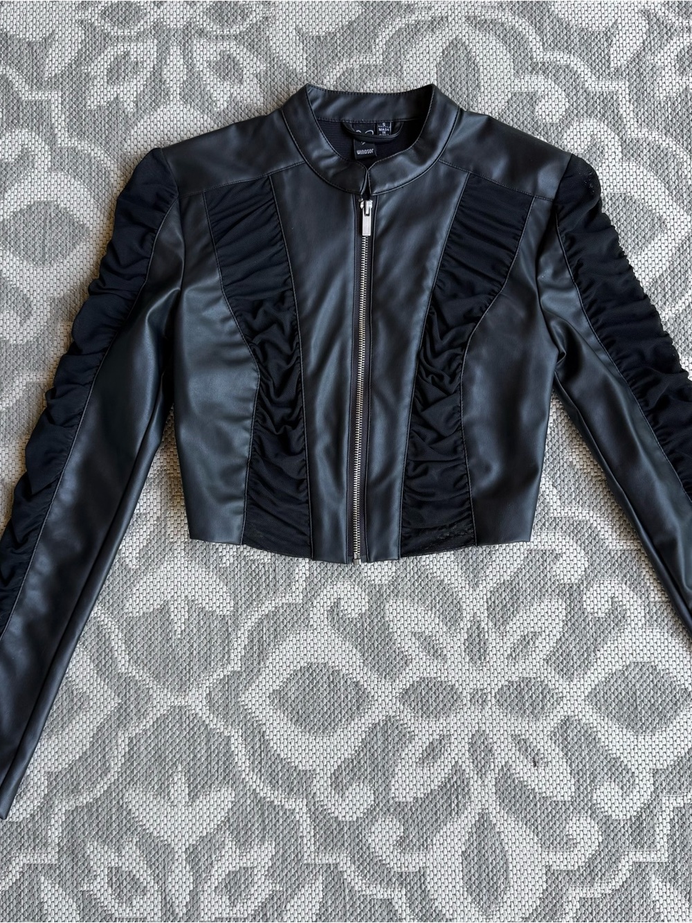 Faux Leather Cropped Jacket with Ruched Mesh Panels